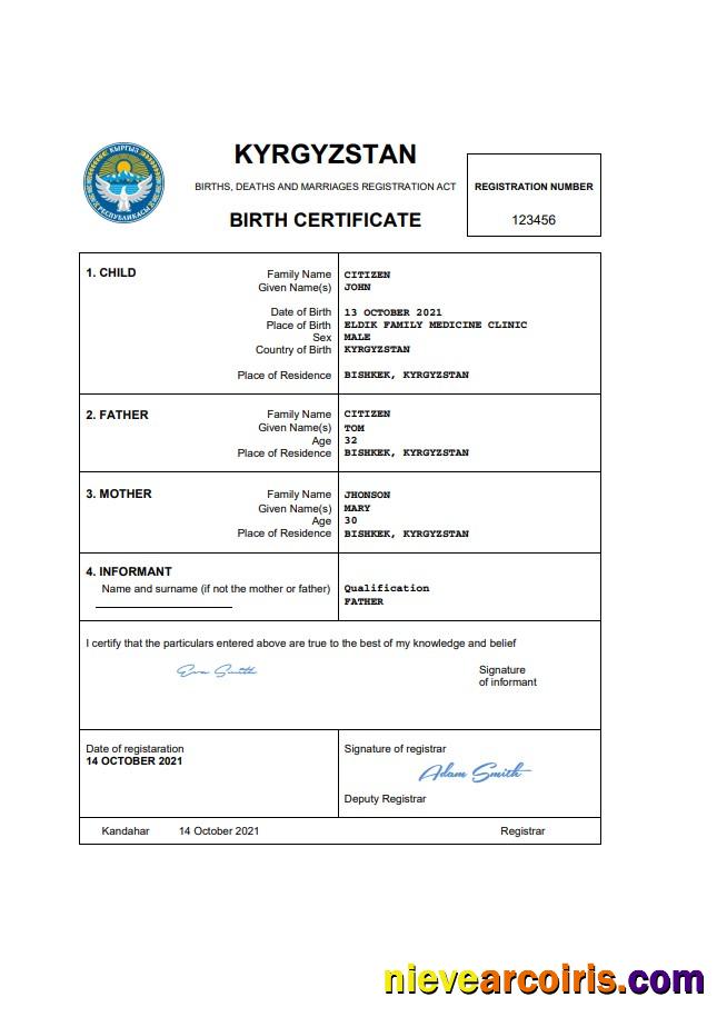 Kyrgyzstan birth certificate
